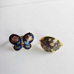 Vintage Cloisonné Scarf Clips Lot of 2 – Floral & Butterfly Enamel Gold Tone Jew